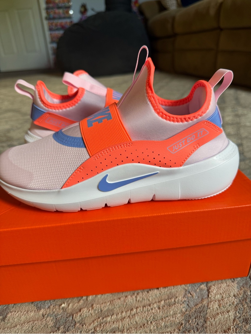 Nike Kids Slip-On Sneakers - Pink & Coral with Blue Swoosh